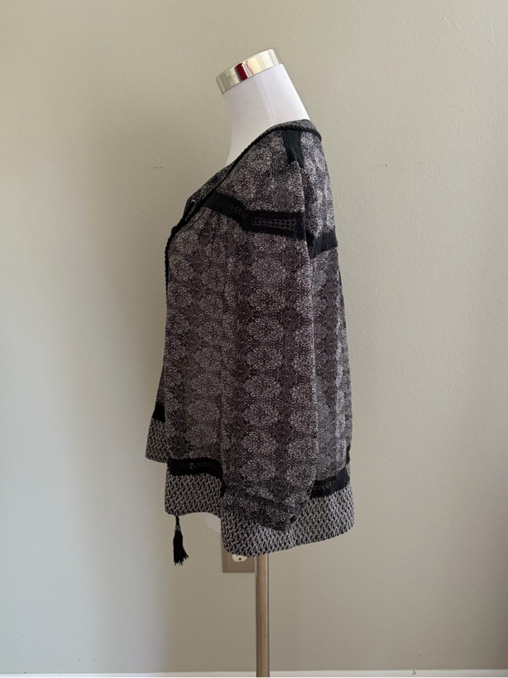 The Kooples Size Large Black & Gray Lace-Up Patterned Sheer Blouse Boho Flowy - Picture 3 of 14